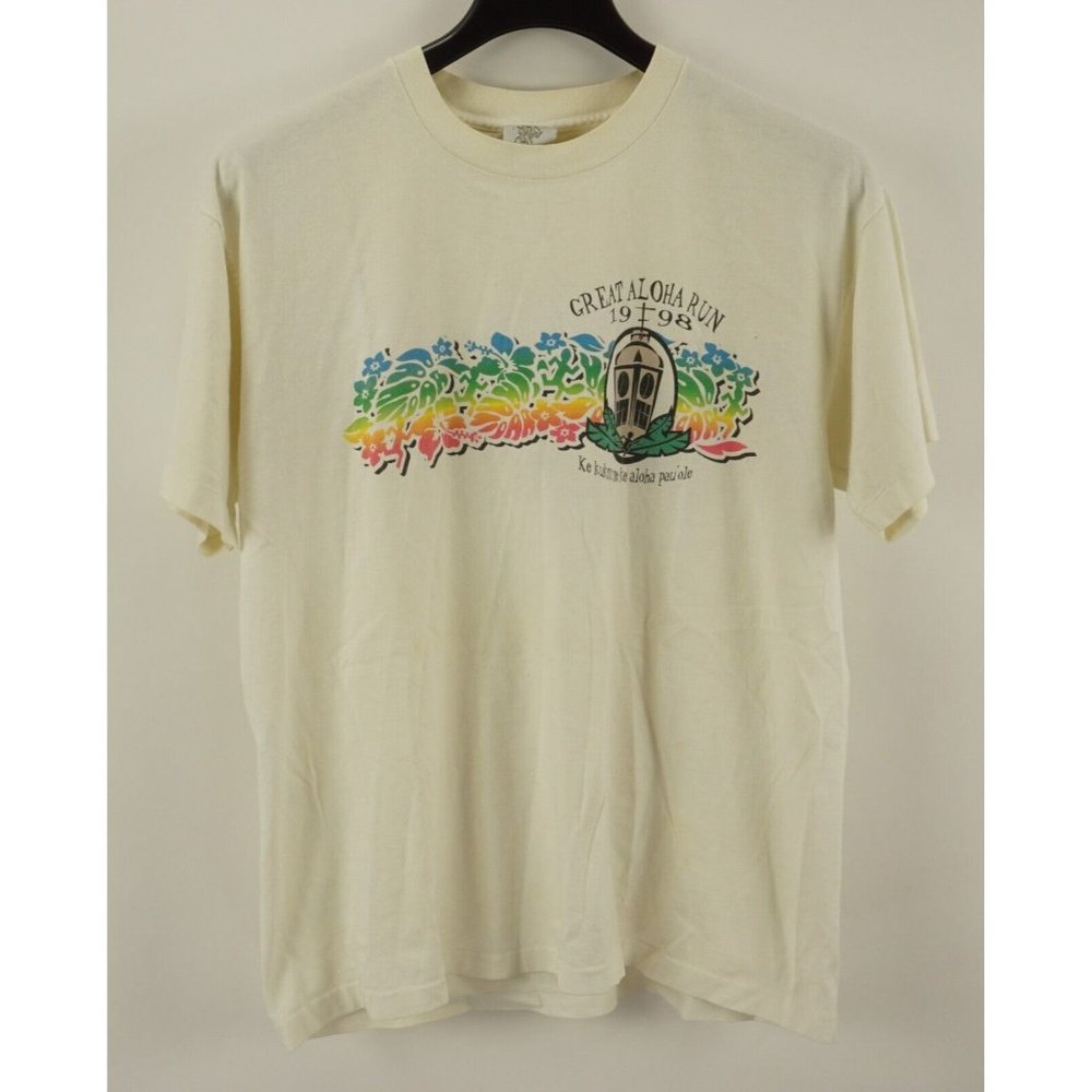 Vintage Single Stitch 1998 Great Aloha Run Graphic Shirt Mens Large Cream Hawaii